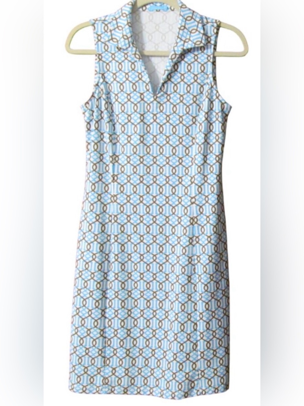J. McLaughlin Blue White Brown Geometric Print Sheath Dress X-small